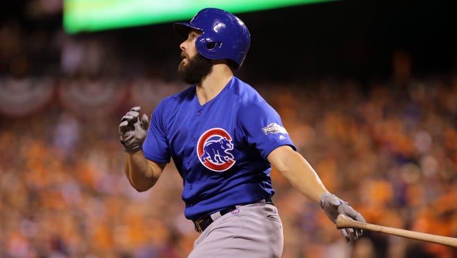 Game 3 in San Francisco: Cubs starting pitcher Jake Arrieta  hits a three-run home run during the second inning.