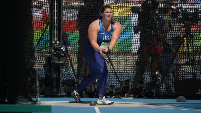 Deanna Price of United States competes in the women's hammer throw athletics event at Estadio Olimpico Joao Havelange during the Rio 2016 Summer Olympic Games.