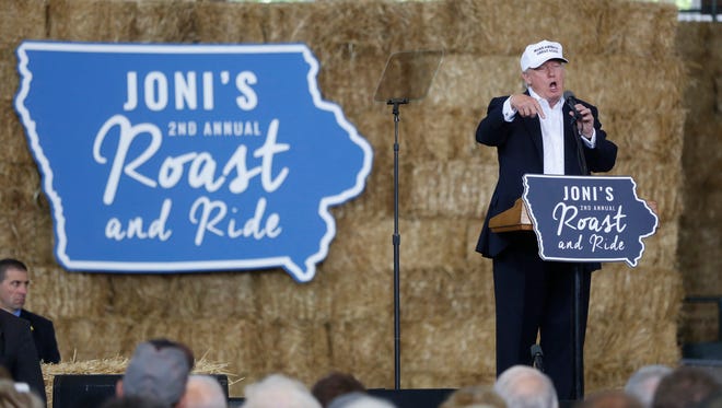 Republican presidential candidate Donald Trump speaks Saturday, Aug. 27, 2016, during the second annual Roast and Ride at the Iowa State Fairgrounds in Des Moines.