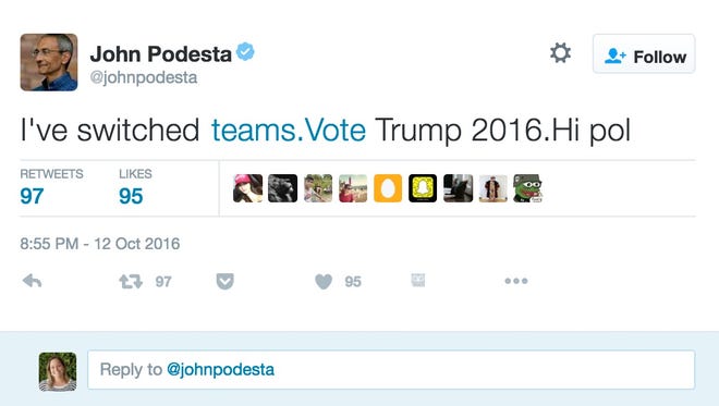 This screenshot shows a tweet posted to Hillary Clinton campaign chair John Podesta after an apparent hack. The Twitter was later deleted from the account.
