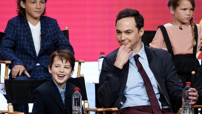 Iain Armitage, left, and executive producer/narrator Jim Parsons participate in a CBS panel for 'Young Sheldon.'