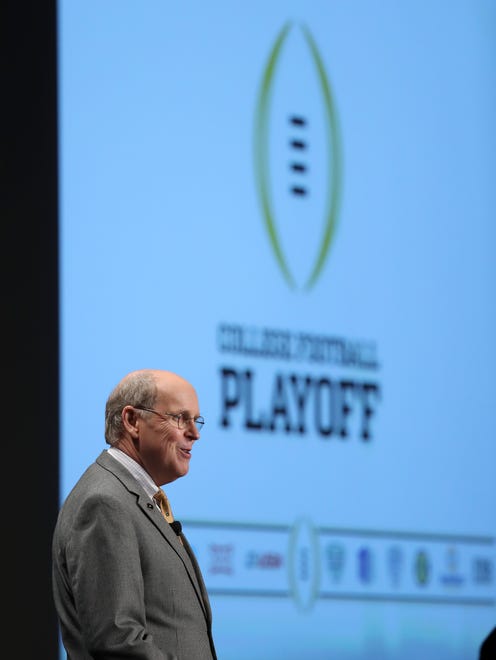 College football playoff executive director Bill Hancock speaks to the media during the Big 12 Media Days at Omni Dallas Hotel.