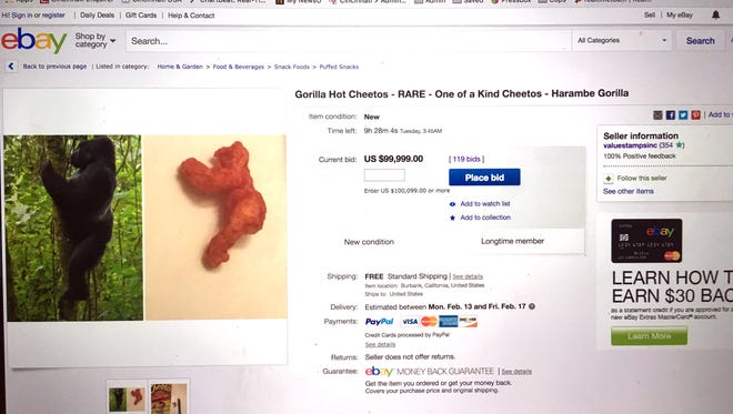 An eBay auction for a Harambe-shaped Cheetos snack.