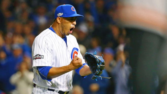 Game 2 at Chicago: Cubs relief pitcher Hector Rondon reacts after the final out of the eighth inning.