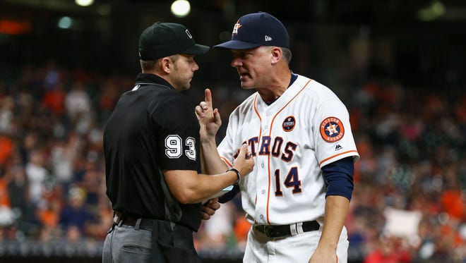 Sept. 24: Astros manager A.J. Hinch is ejected by home plate umpire Will Little for arguing balls and strikes.