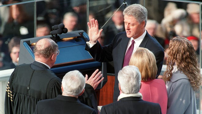 Clinton is sworn in for his second term by Chief Justice William Rehnquist on Jan. 20, 1997.