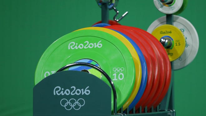 A general view of weights prior to the men's 105kg in the Rio 2016 Summer Olympic Games at Riocentro - Pavilion 2.