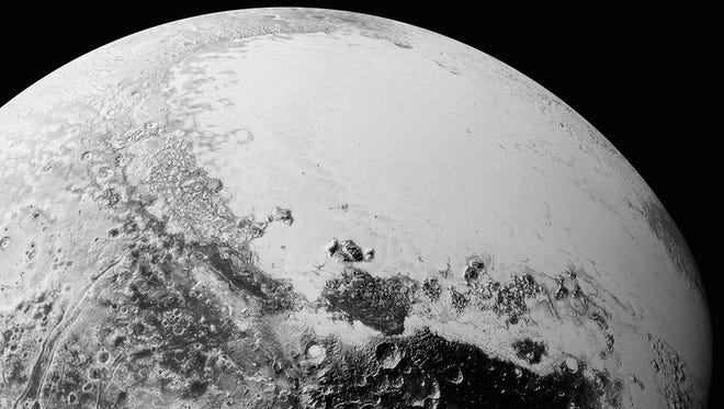This synthetic perspective view of Pluto, based on the latest high-resolution images to be downlinked from NASA’s New Horizons spacecraft, shows what you would see if you were approximately 1,100 miles (1,800 kilometers) above Pluto’s equatorial area, looking northeast over the dark, cratered, informally named Cthulhu Regio toward the bright, smooth, expanse of icy plains informally called Sputnik Planum.