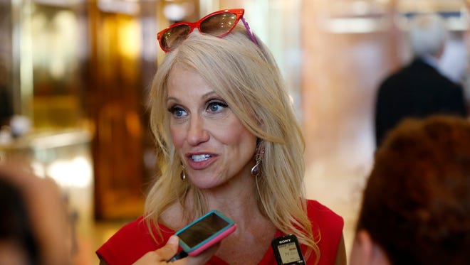 Kellyanne Conway, new campaign manager for Republican presidential candidate Donald Trump, speaks to reporters in the lobby of Trump Tower in New York on Aug. 17, 2016.