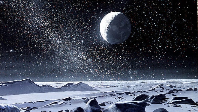 DATE TAKEN: na--- Illustration by Ron Miller, from "The Grand Tour."          The moon Charon shines on the methane ice surface of Pluto in this artist's conception of what it would be like to stand on the solar system's tiniest planet.  The bright star in the lower left sky is the Sun, 1,600 times fainter than when seen from Earth. ORG XMIT: UT14264