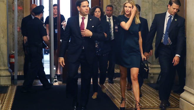 Ivanka Trump went up to the Capitol in a mini dress to meet with Sen. Marco Rubio (R-Fl) and other senators about her proposals for paid family leave, June 20, 2017.