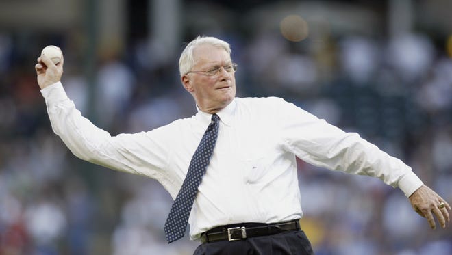 Senator Jim Bunning of Kentucky, a Hall of Fame pitcher, delivers a pitch prior to the game between the Texas Rangers and the Kansas City Royals at the Ballpark in Arlington on July 11, 2003 in Arlington, Texas. The Royals won 13-3.