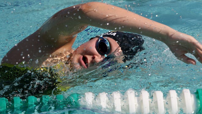 Franklin's Morgan Antinoja swims the 400-meter freestyle during the Whitnall Falcon FunFest Invitational on Aug. 19 at the Village Club in Greendale, the season's only outdoor swim meet.