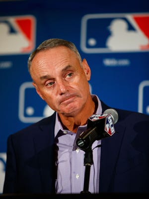 Major League Baseball commissioner Rob Manfred speaks during Spring Training Media Day at The Arizona Biltmore.