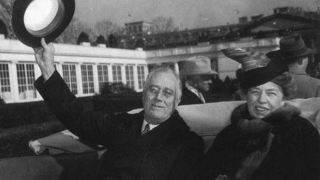 Roosevelt and his wife, Eleanor, arrive at the White House following his inauguration in 1941.