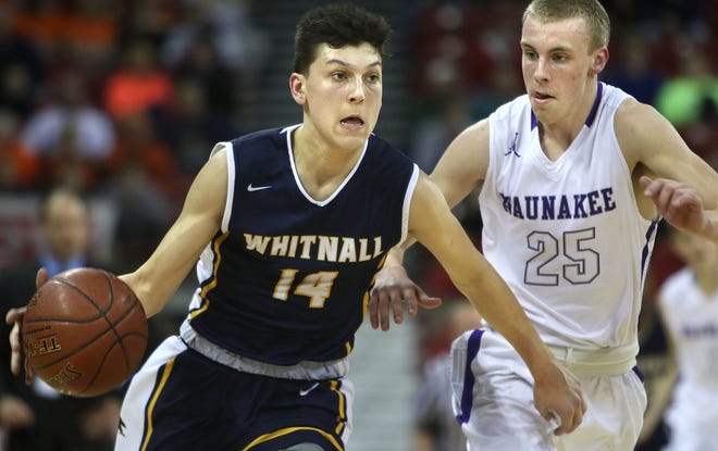 Whitnall senior Tyler Herro scored 20 points in the Falcons' 62-59 loss to Waunakee in a Division 2 state semifinal game in 2016. Herro is in his fifth season with the Miami Heat.