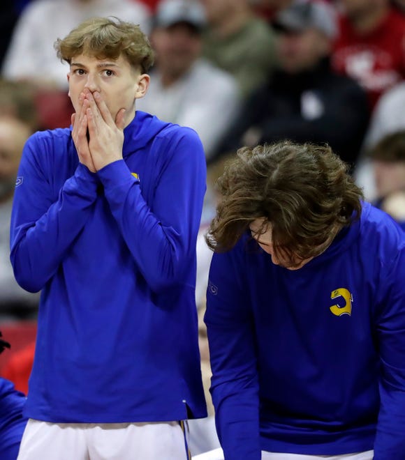 against Kenosha St. Joseph bench players react to a tfoul call against Mineral Point High School in a Division 4 championship game during the WIAA state boys basketball tournament on Saturday, March 16, 2024 at the Kohl Center in Madison, Wis.
Wm. Glasheen USA TODAY NETWORK-Wisconsin