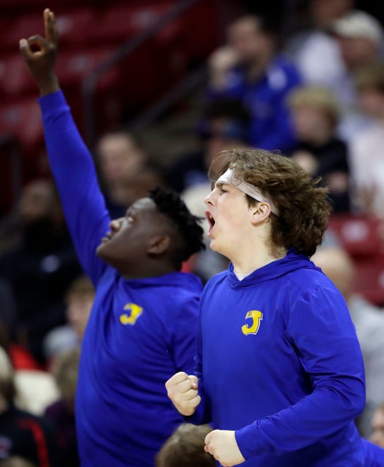 against Kenosha St. Joseph bench players react to a three point shot against Mineral Point High School in a Division 4 championship game during the WIAA state boys basketball tournament on Saturday, March 16, 2024 at the Kohl Center in Madison, Wis.
Wm. Glasheen USA TODAY NETWORK-Wisconsin