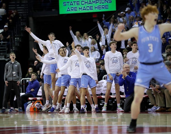 Mineral Point High School’s bench reacts to a three point shot against against Kenosha St. Joseph in a Division 4 championship game during the WIAA state boys basketball tournament on Saturday, March 16, 2024 at the Kohl Center in Madison, Wis.
Wm. Glasheen USA TODAY NETWORK-Wisconsin