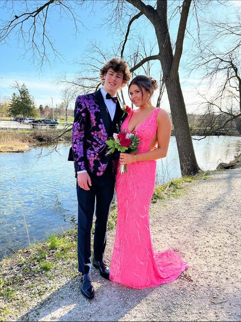 Waukesha North High School juniors Ben Derhammer and Georgia Olstad pose for a prom photo on Saturday, April 13, 2024, at the Fish Hatchery in downtown Delafield.