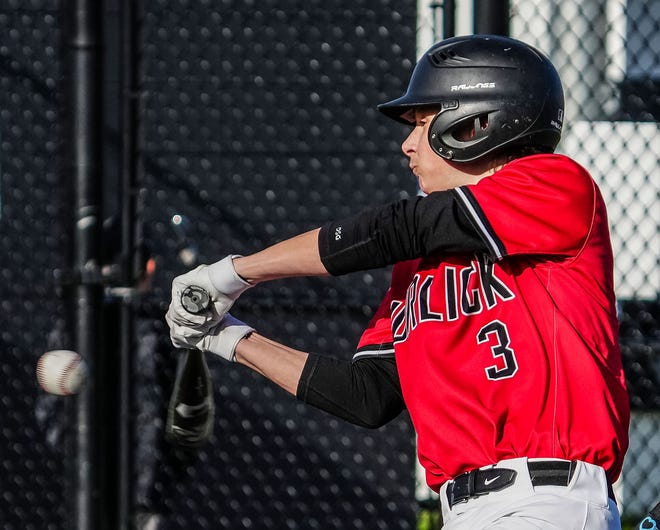 Racine Horlick's Connor Blaeske (3) connects during the game at Oak Creek, Friday, April 19, 2024.