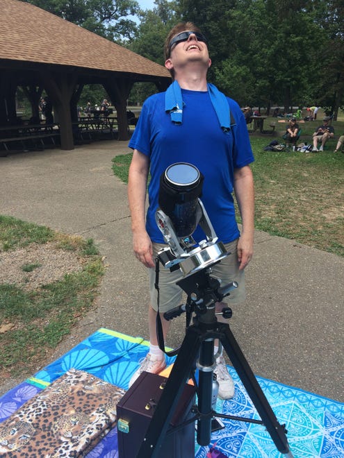 Bart Benjamin, a retired planetarium director from Bloomingdale, Ill., brought his 3 1/2 inch telescope for photography and high definition video with a group from the Milwaukee Public Museum witnessing the total solar eclipse in Metropolis, Ill. on August 21, 2017.