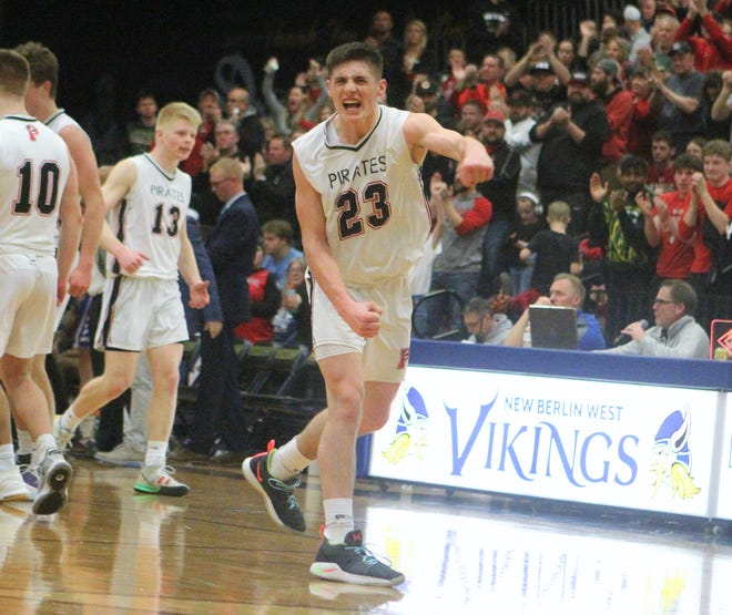 Pewaukee guard Nick Janowski is fired up during his team's WIAA Division 2 sectional final against Wisconsin Lutheran on March 12, 2022.