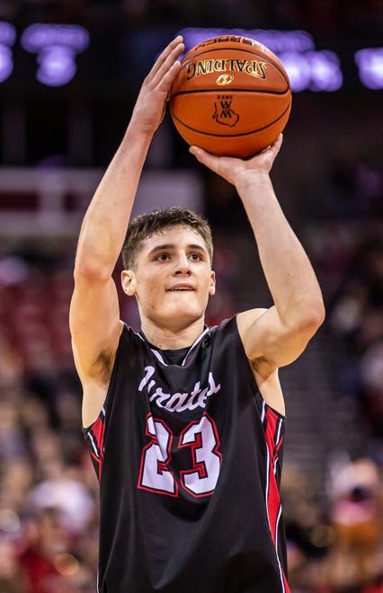 Pewaukee's Nick Janowski (23) shoots from the line during the WIAA Division 2 state boys basketball championship against La Crosse Central at the Kohl Center in Madison on Saturday, March 19, 2022.